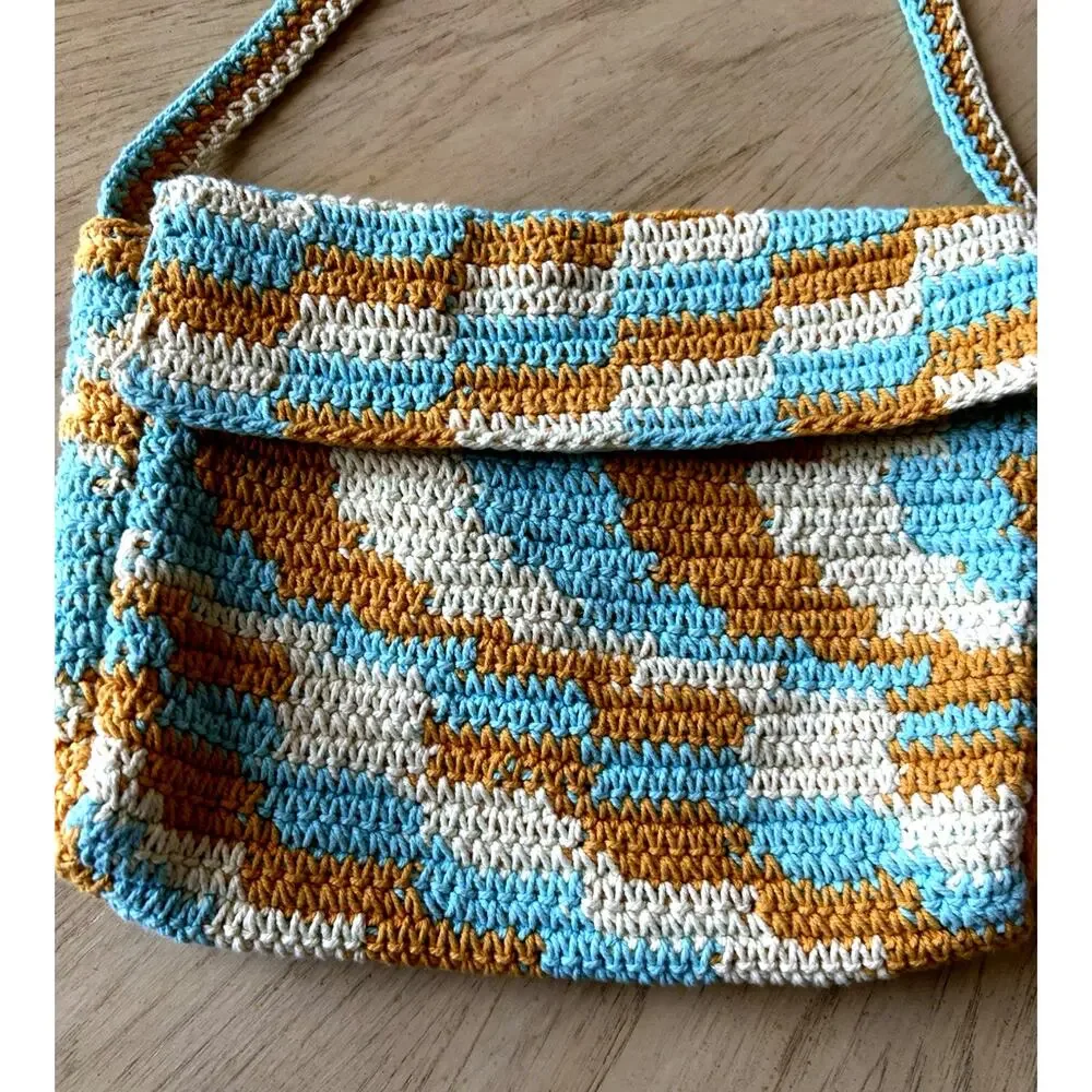 New Crochet Knit Purse Shoulder Bag Tan Blue Aztec Boho Hippie Retro Cotton ECO